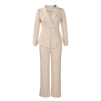 Women’s Pantsuit Set – Peplum Blazer with Shawl Collar – Wide-Leg High-Waist Trousers