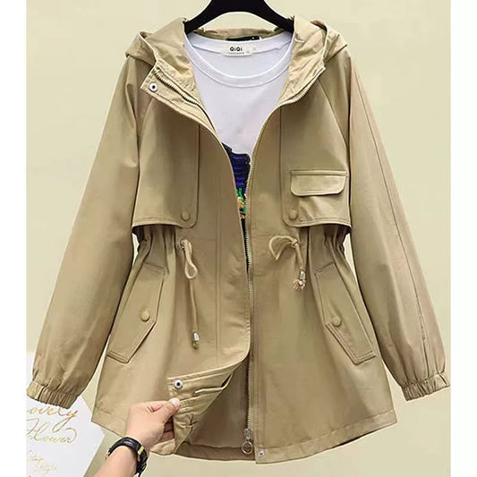 Hooded Drawstring Long Sleeve Trench Coat