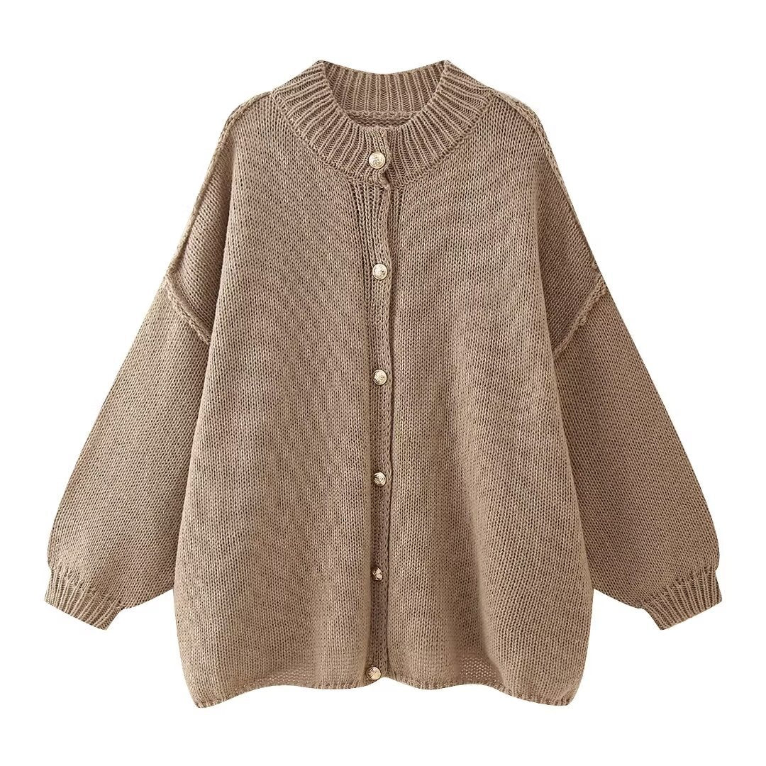 Women’s Knit Cardigan - Oversized Fit - Button-Up - Ribbed Crew Neck - Long Sleeve