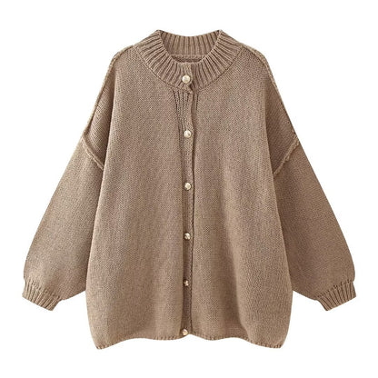 Women’s Knit Cardigan - Oversized Fit - Button-Up - Ribbed Crew Neck - Long Sleeve
