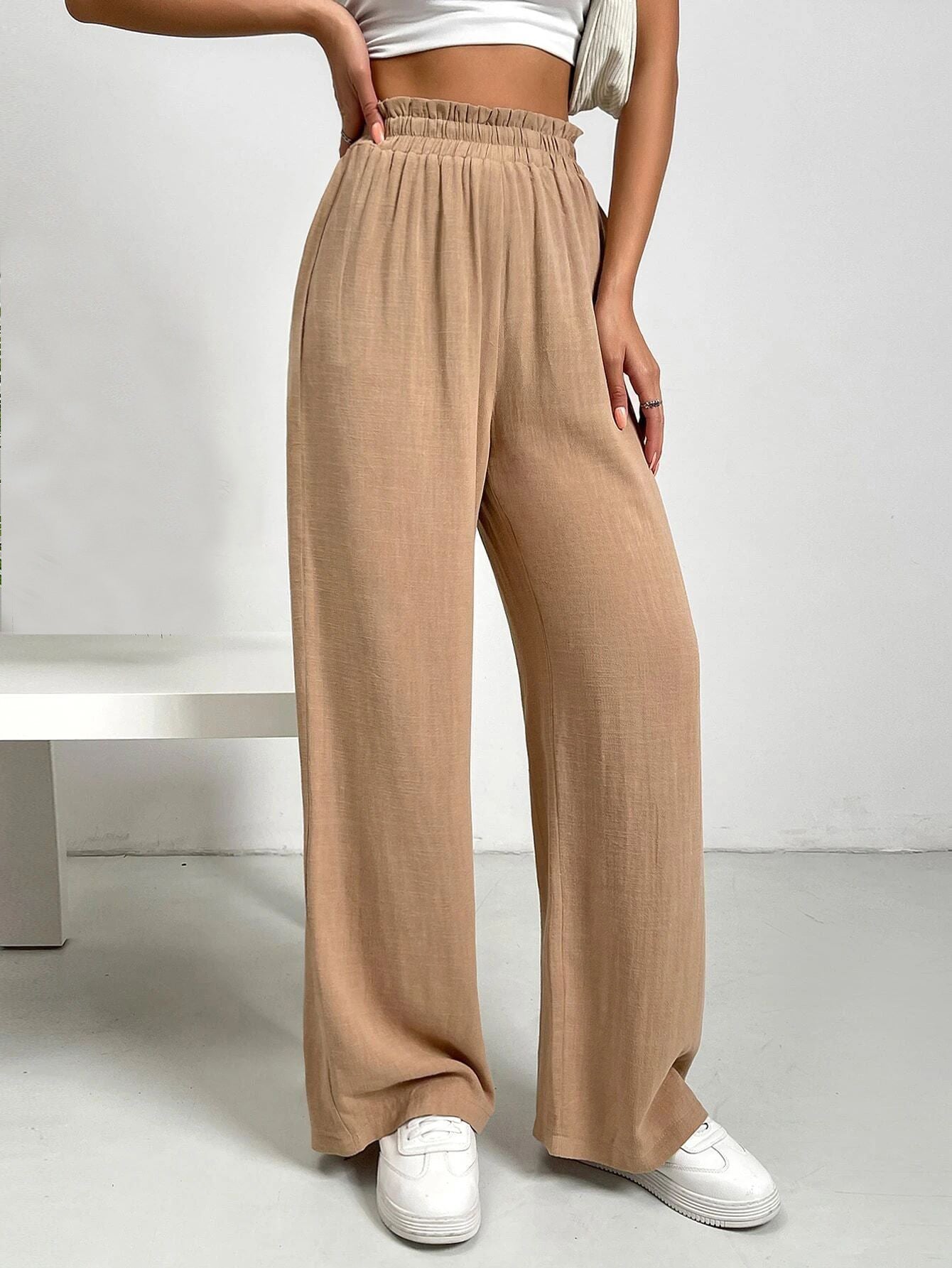 High-Waisted Flowy Elastic Wide-Leg Pants