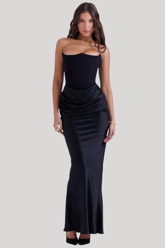 Strapless Draped Satin Maxi Dress