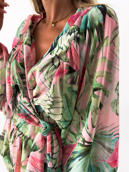 Women's Romper - Wrap V-Neck - Long Wide Sleeves - Lightweight Flowy Casual Wear