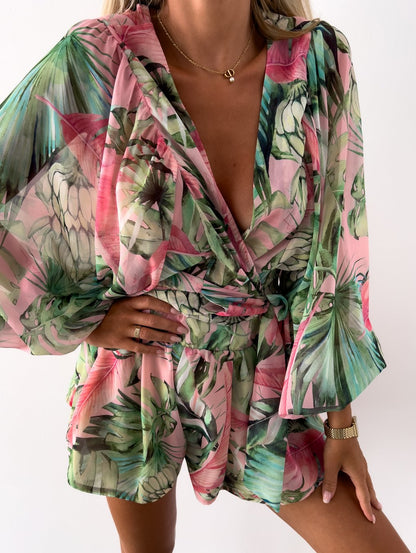 Women's Romper - Wrap V-Neck - Long Wide Sleeves - Lightweight Flowy Casual Wear