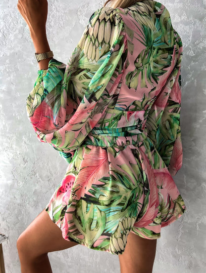 Women's Romper - Wrap V-Neck - Long Wide Sleeves - Lightweight Flowy Casual Wear