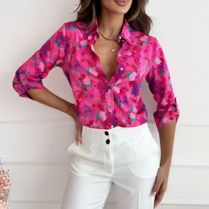 Women's Button-Down Blouse - Tailored Fit - Abstract Floral Print - Long Sleeve