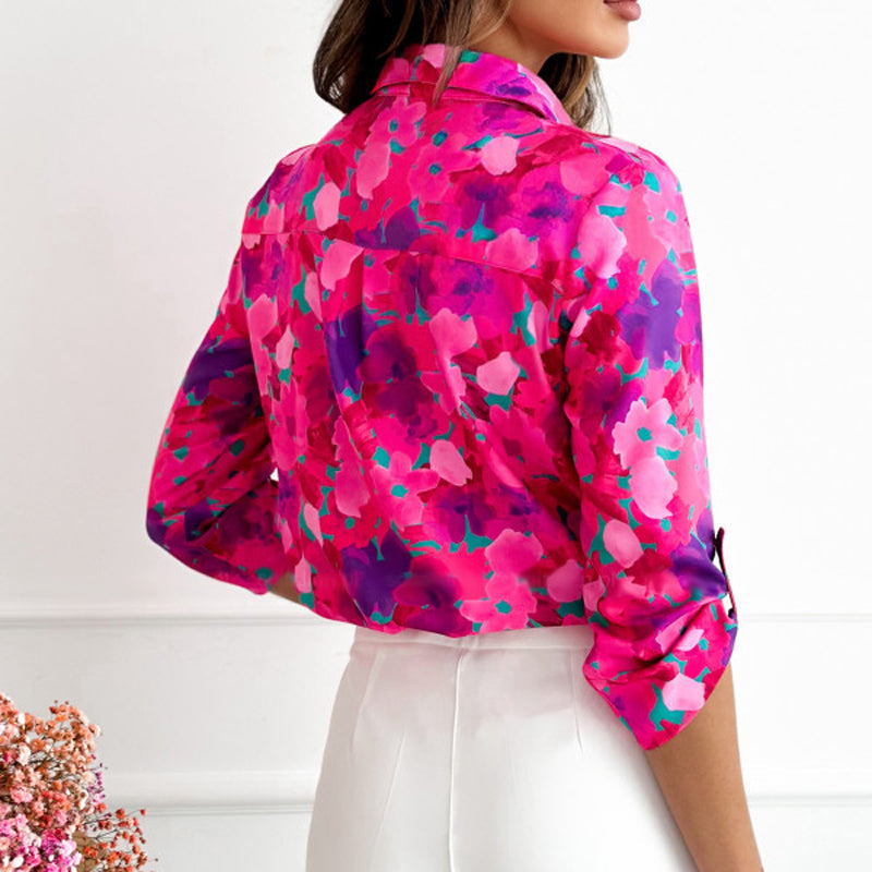 Women's Button-Down Blouse - Tailored Fit - Abstract Floral Print - Long Sleeve