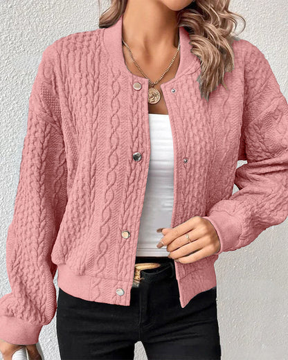Women's Bomber Jacket - Cable Knit - Snap Button Front - Ribbed Collar & Cuffs