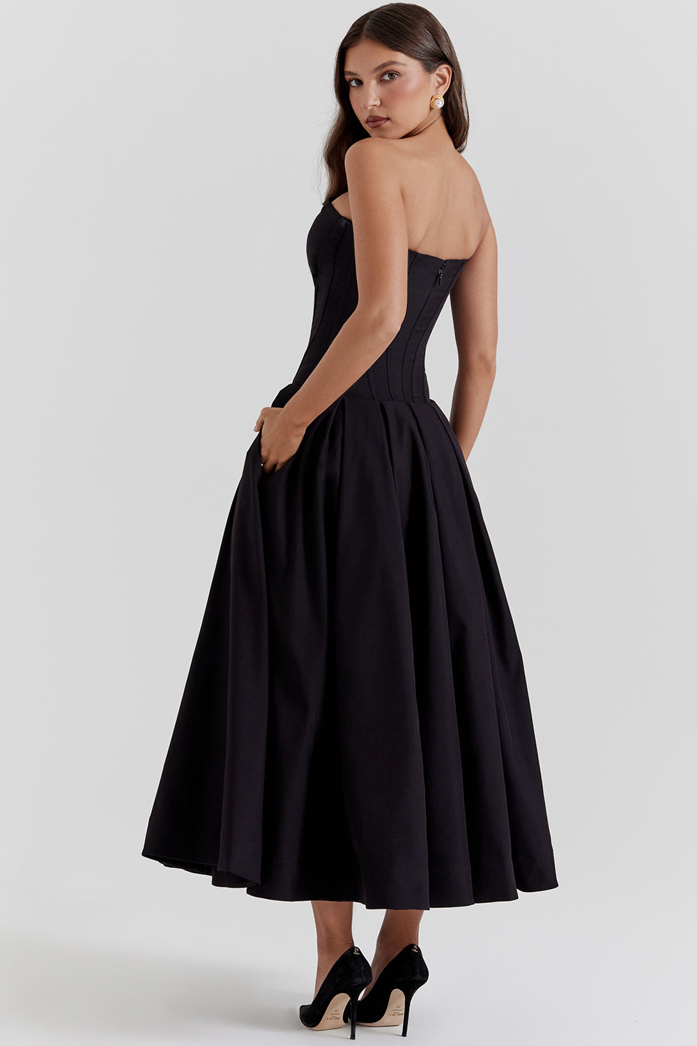 Women’s Strapless Midi Dress – Structured Bodice – A-Line Silhouette – Formal Fit