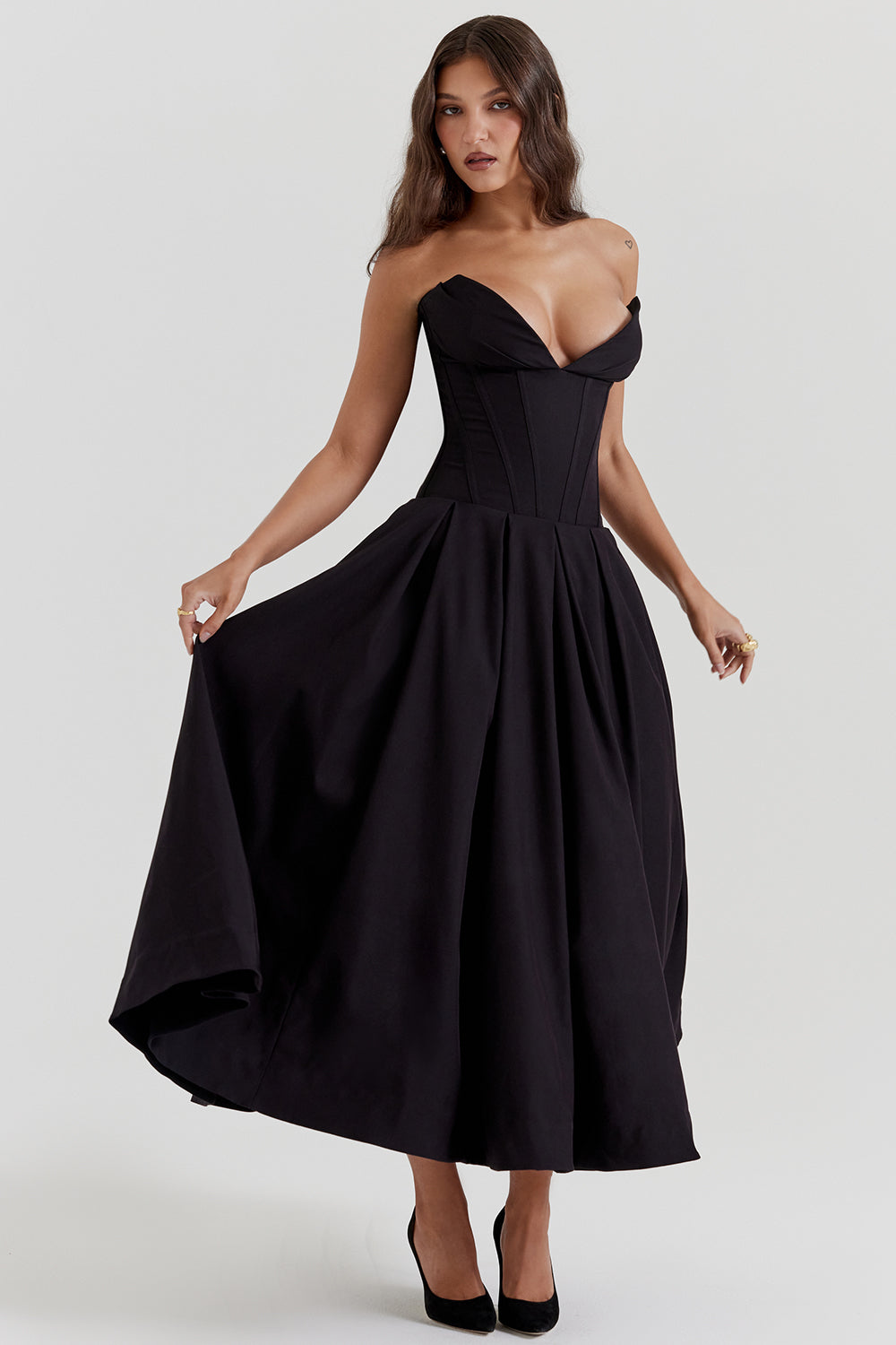 Women’s Strapless Midi Dress – Structured Bodice – A-Line Silhouette – Formal Fit