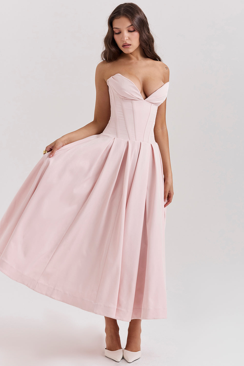 Women’s Strapless Midi Dress – Structured Bodice – A-Line Silhouette – Formal Fit
