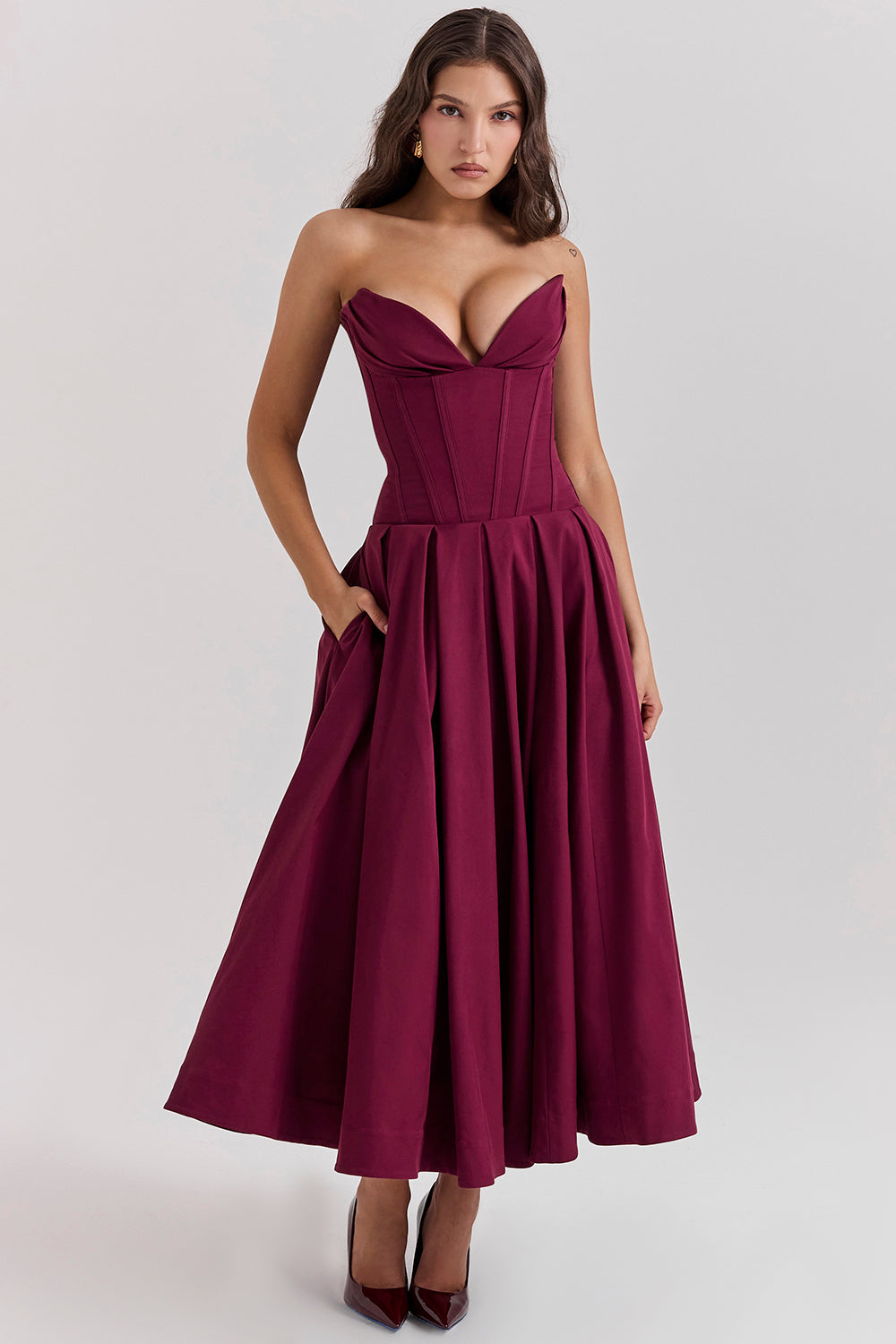 Structured Bodice Strapless Midi Dress