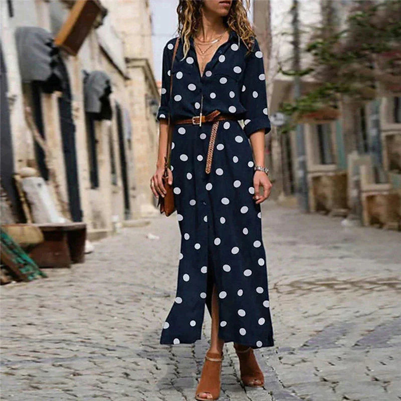 Polka dot maxi dress with lapel collar for women