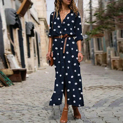 Polka dot maxi dress with lapel collar for women
