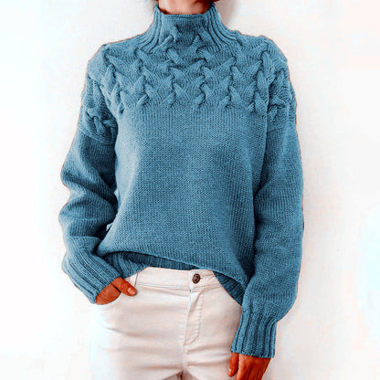 Women's high collar cable knit long sleeve sweater