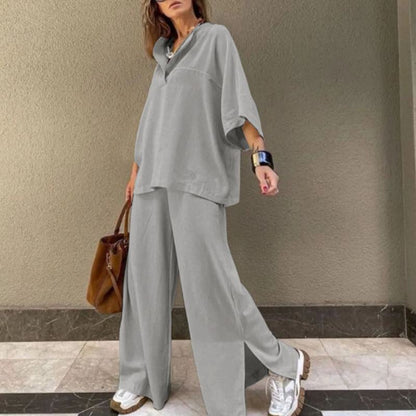Women's lapel shirt with slit hem long pants set
