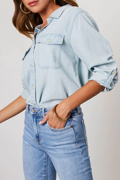 Women's Denim Shirt - Button-Up - Long Sleeve - Classic Collar - Casual Fit