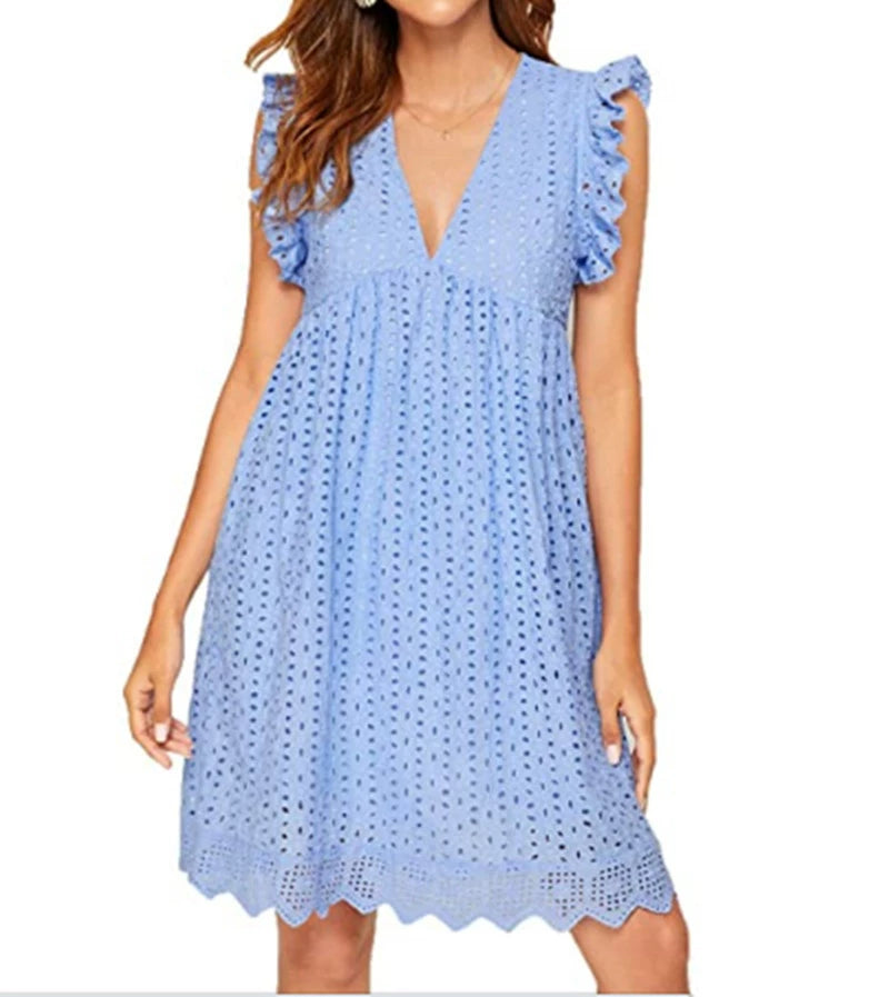 Eyelet Pattern Flutter Sleeve A-Line Dress