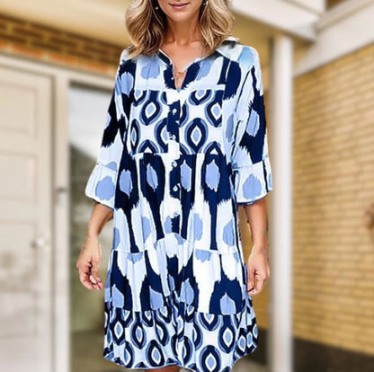 Women's A-Line Dress - V-Neck Button Front - Three-Quarter Sleeve - Flowy Casual Fit
