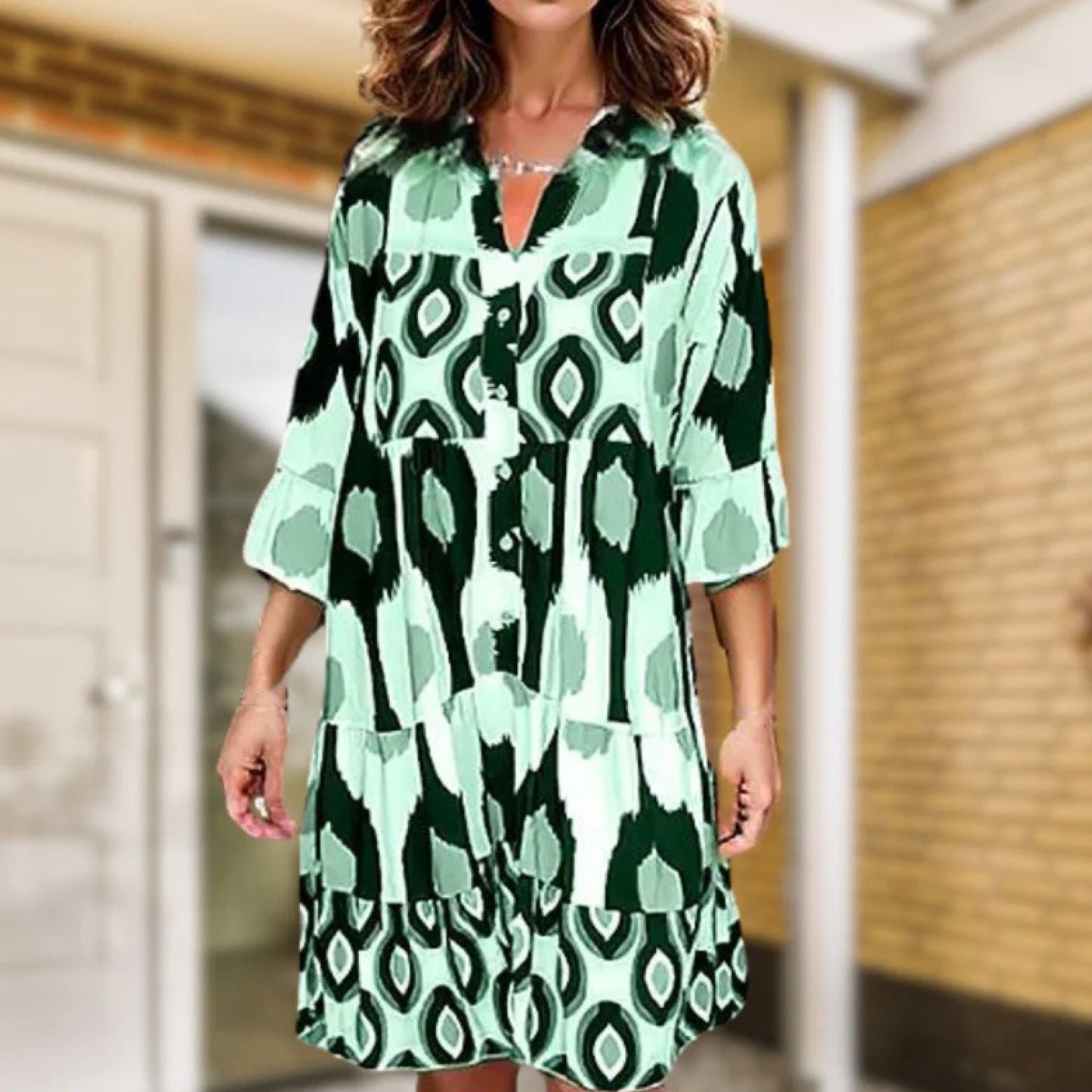 Women's A-Line Dress - V-Neck Button Front - Three-Quarter Sleeve - Flowy Casual Fit