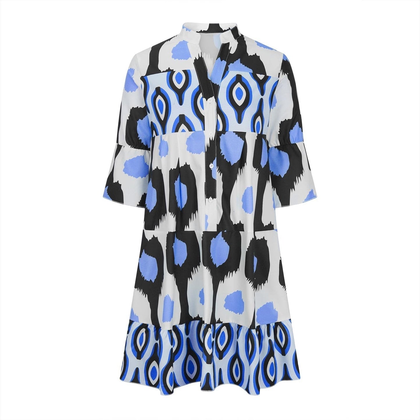 Women's A-Line Dress - V-Neck Button Front - Three-Quarter Sleeve - Flowy Casual Fit