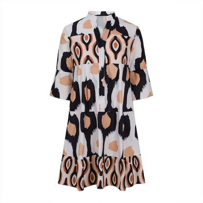 Women's A-Line Dress - V-Neck Button Front - Three-Quarter Sleeve - Flowy Casual Fit
