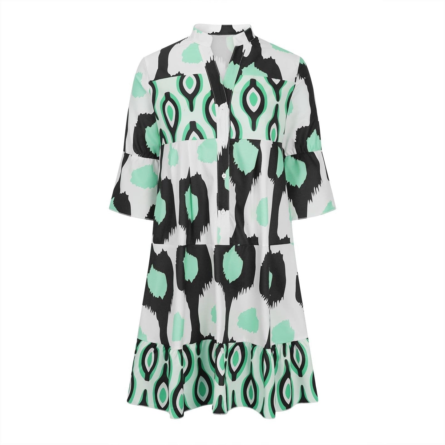 Women's A-Line Dress - V-Neck Button Front - Three-Quarter Sleeve - Flowy Casual Fit