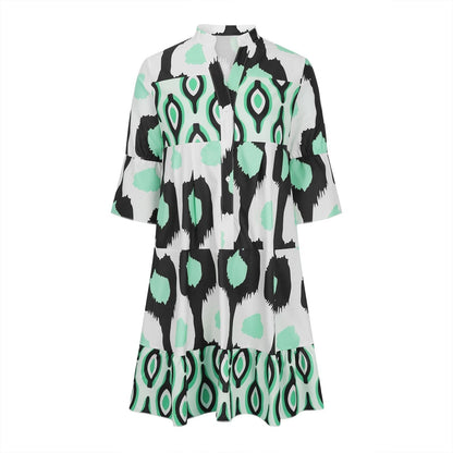 Women's A-Line Dress - V-Neck Button Front - Three-Quarter Sleeve - Flowy Casual Fit