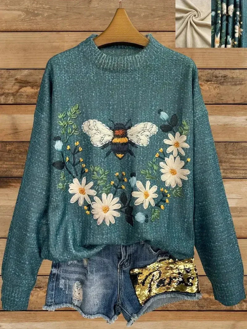 3D printed flowers fox bee knitted pullover sweater for women