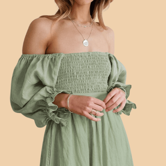 Off-Shoulder Shirred Puff Sleeve Dress