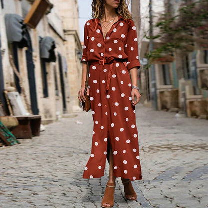 Polka dot maxi dress with lapel collar for women
