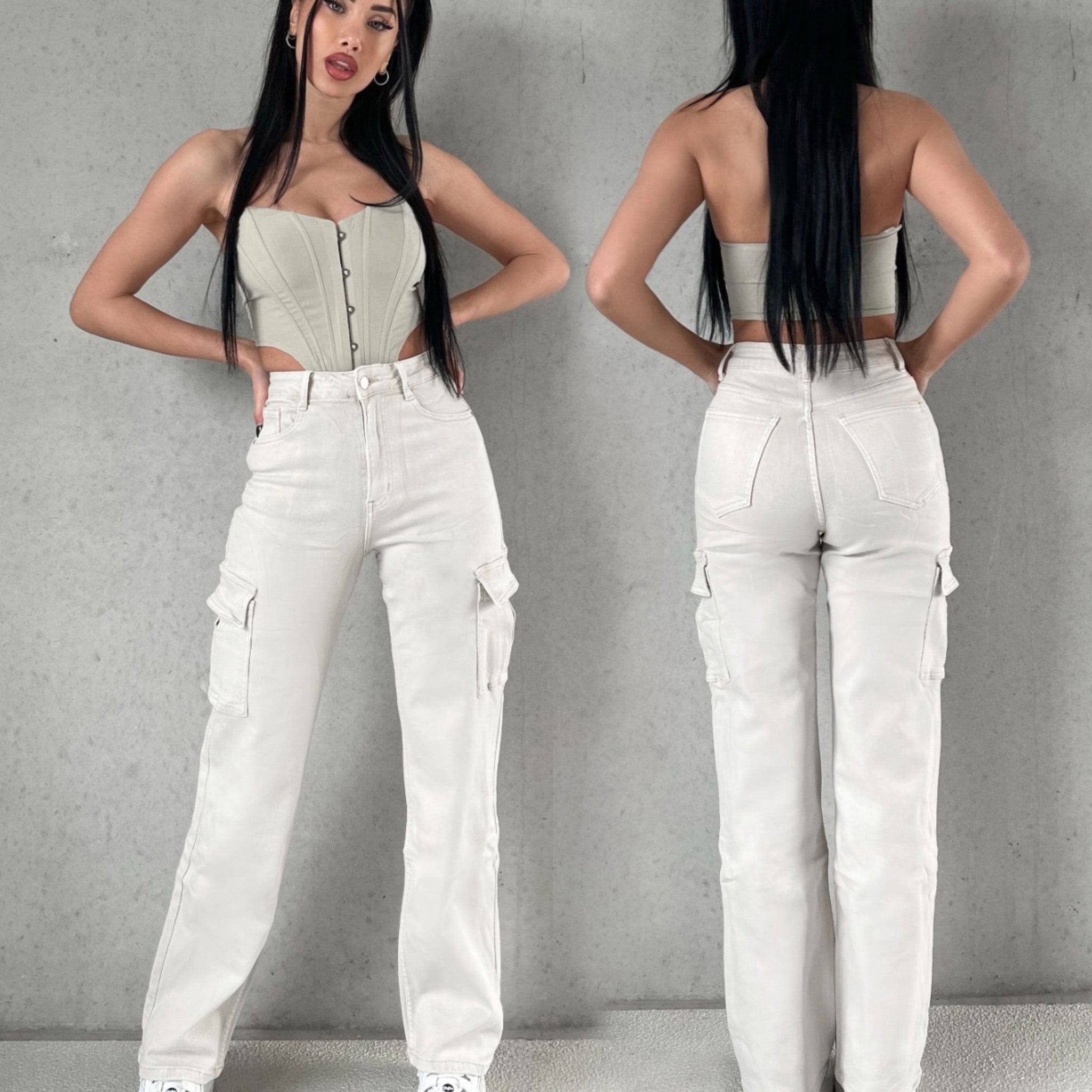 Women's cream washed denim overalls straight pants