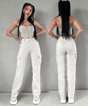 Women's cream washed denim overalls straight pants