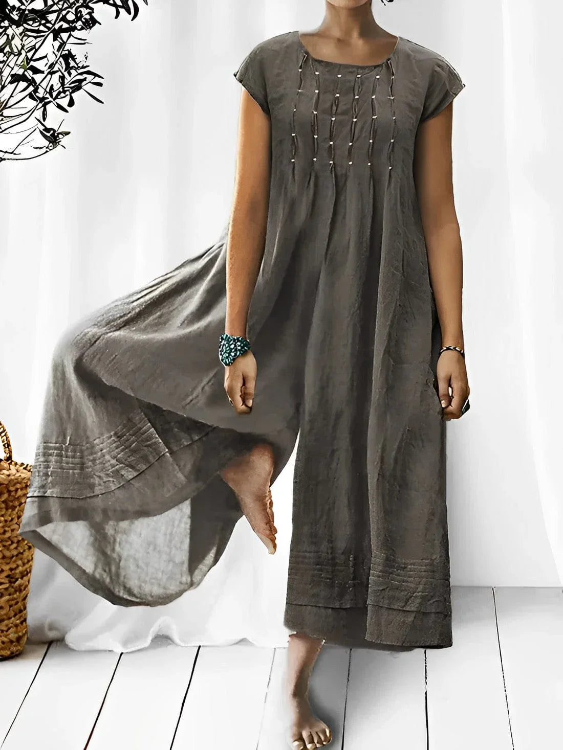 Women’s Jumpsuit – Relaxed Fit – Wide Leg – Short Sleeve – Linen Blend Boho Style