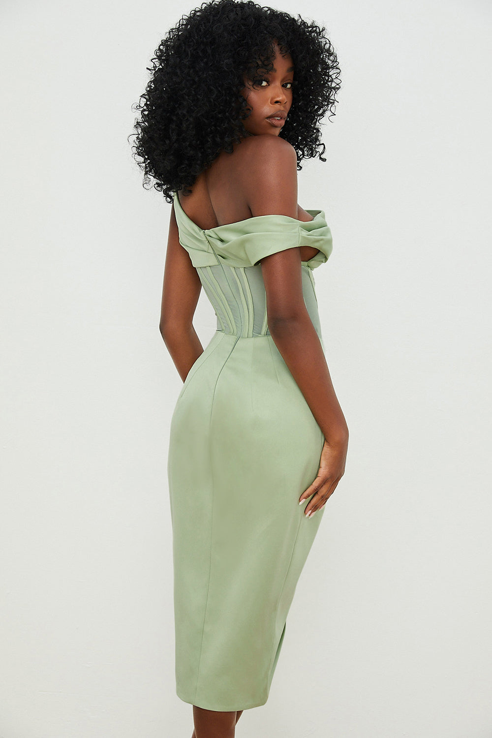 Women’s Midi Dress – Satin Corset Bodice – Off Shoulder – Asymmetrical Draped Skirt