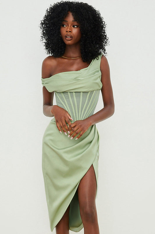 Satin Corset Bodice Off-Shoulder Midi Dress