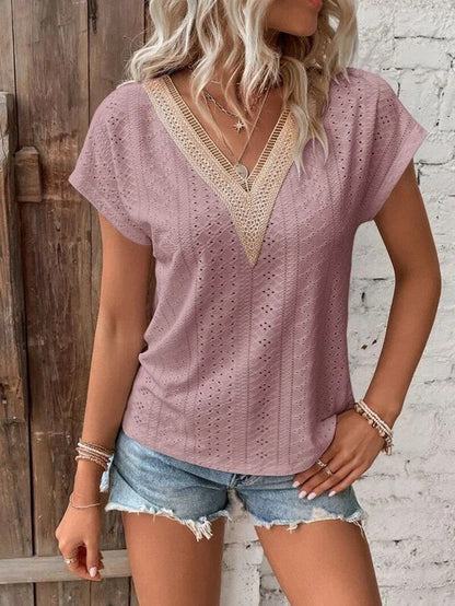 Women's Top - Eyelet Lace - V-Neck Short Sleeve - Relaxed Fit Breathable Fabric