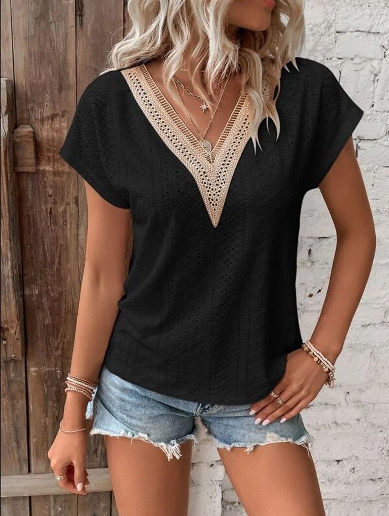 Women's Top - Eyelet Lace - V-Neck Short Sleeve - Relaxed Fit Breathable Fabric