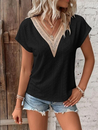 Women's Top - Eyelet Lace - V-Neck Short Sleeve - Relaxed Fit Breathable Fabric