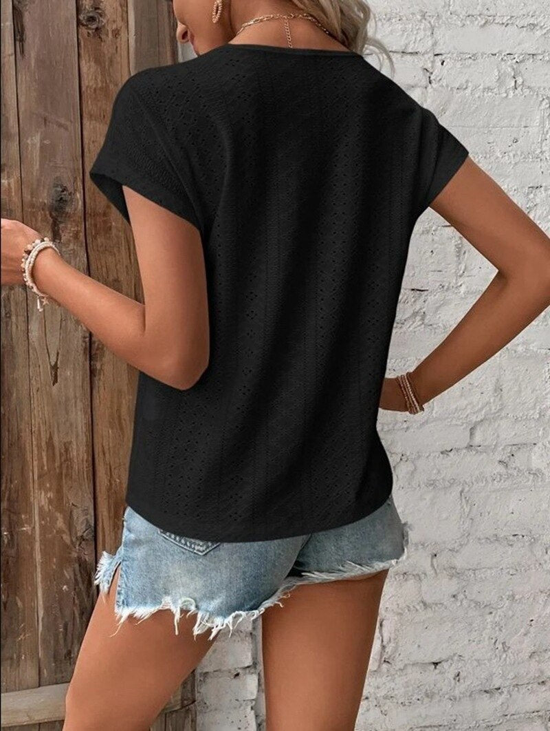 Women's Top - Eyelet Lace - V-Neck Short Sleeve - Relaxed Fit Breathable Fabric