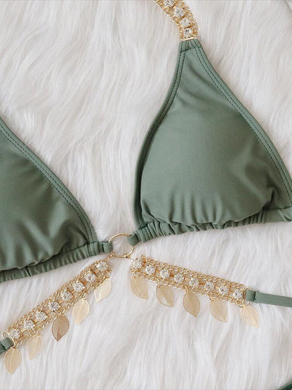 Women's Bikini Set - Triangle Top - Chain Strap Detail - Low-Rise Tie Bottoms
