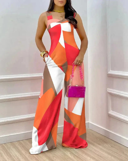 Women’s Jumpsuit – Geometric Print – Wide Leg – Sleeveless Square Neck – Flowy Fit