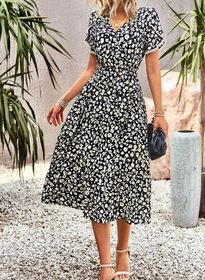 Women's Midi Dress - Floral Print - V-Neck - Short Flutter Sleeves - Lightweight Fit