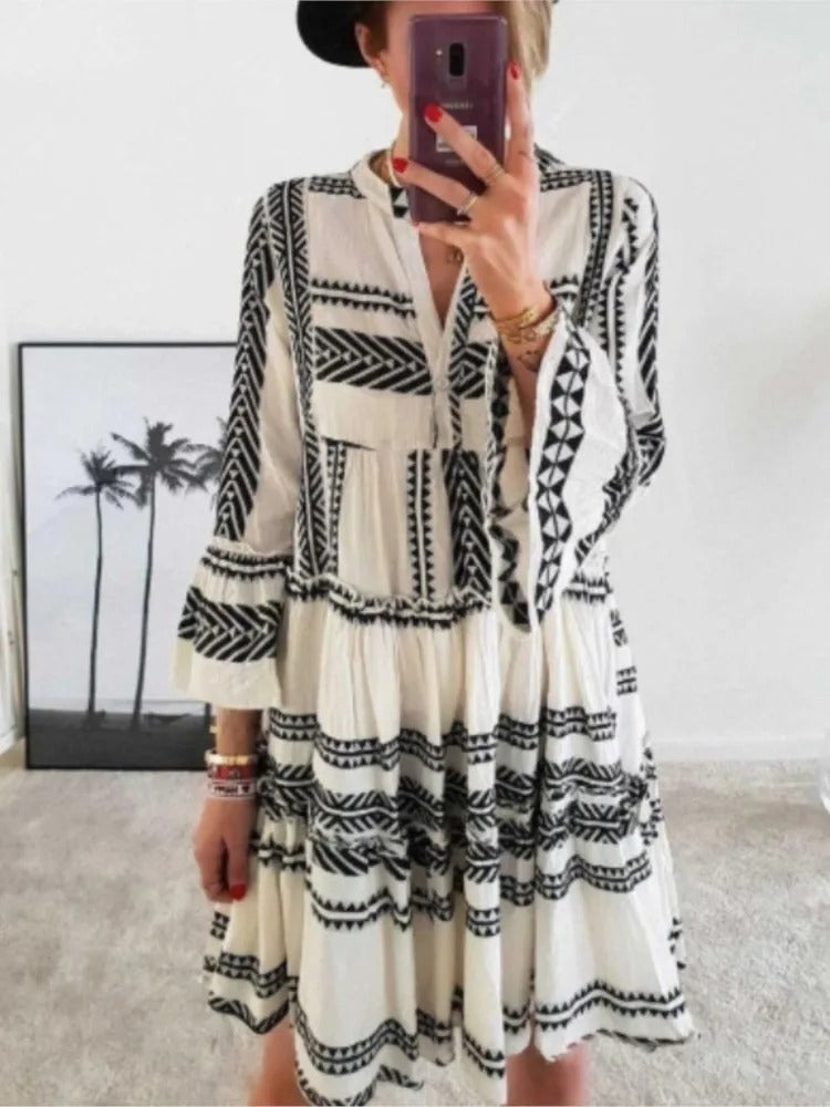 Women's Bohemian Dress - A-Line Fit - V-Neck - Long Bell Sleeves - Knee Length