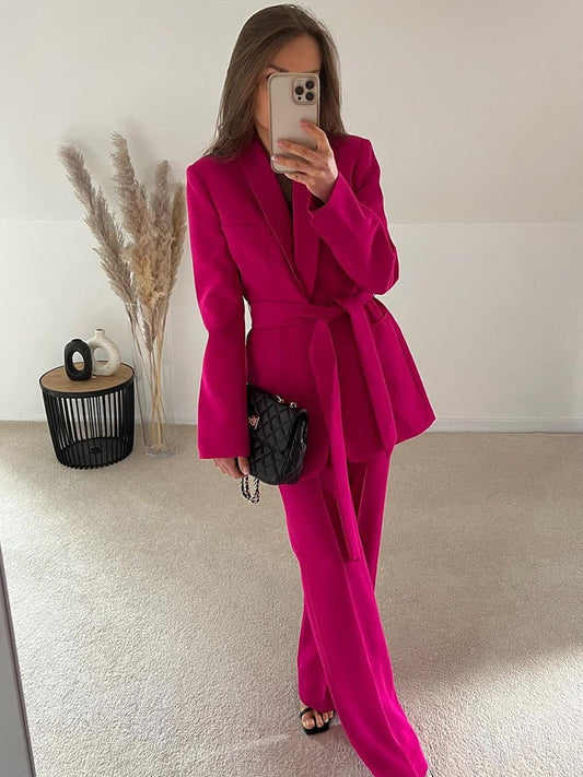Belted Wide-Leg Tailored Suit Set