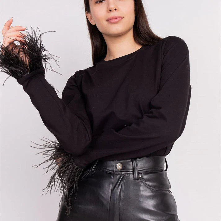 Women's Blouse - Long Sleeve - Feather Embellished Cuffs - Elegant Statement Piece