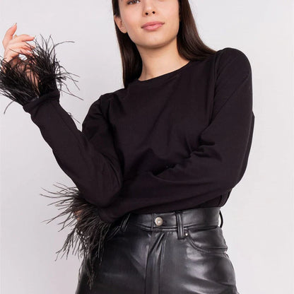 Women's Blouse - Long Sleeve - Feather Embellished Cuffs - Elegant Statement Piece