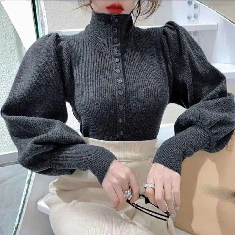 Women's elegant puff sleeve turtleneck sweater