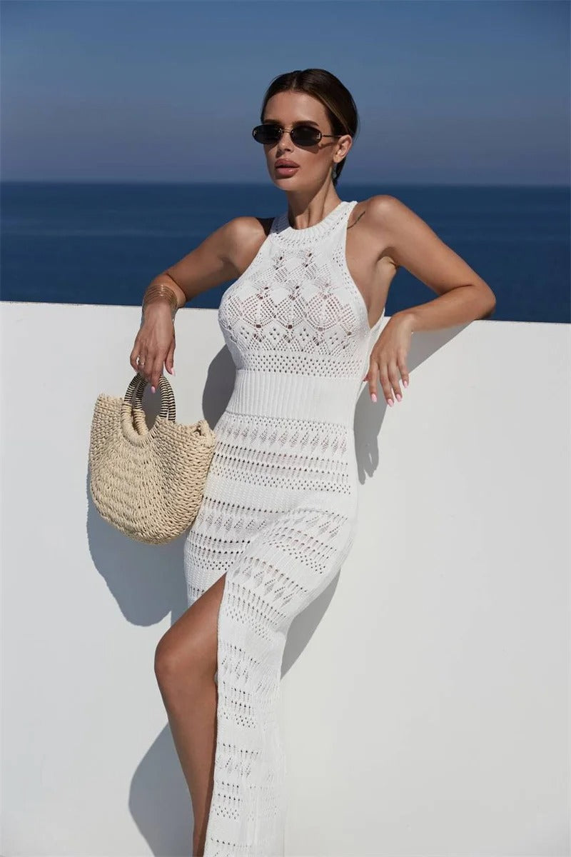 Sleeveless Knitted Maxi Dress with High Slit for Women