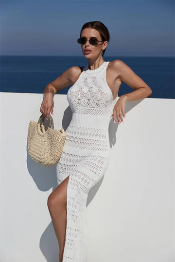 Sleeveless Knitted Maxi Dress with High Slit for Women